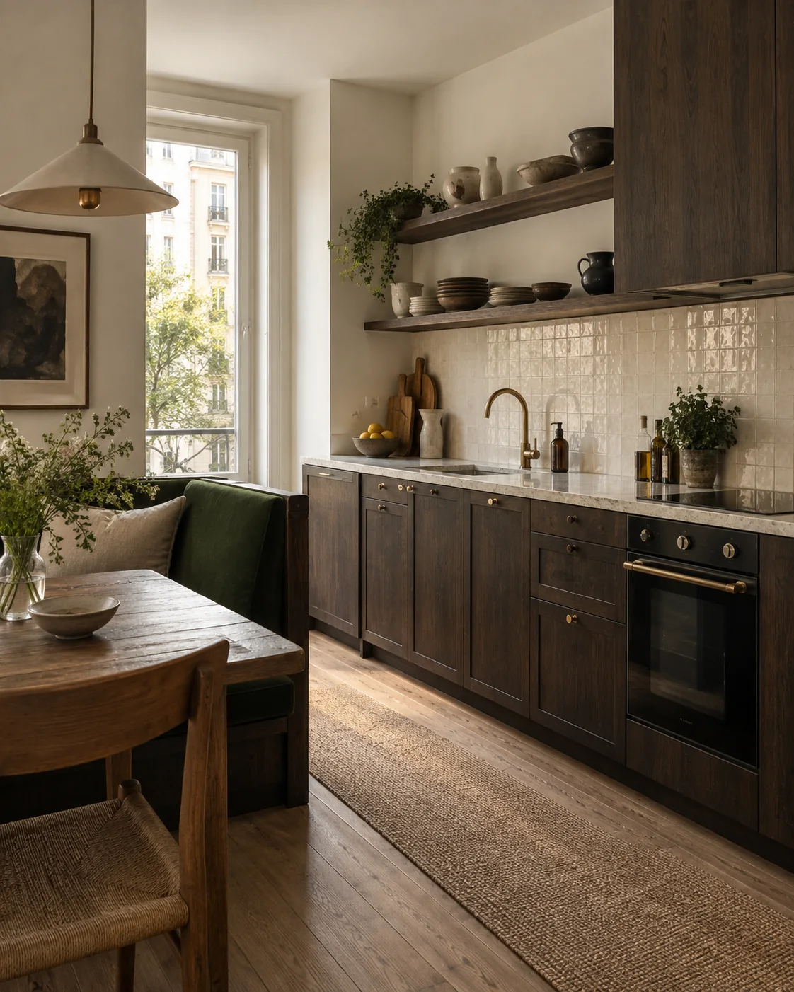 Cucina in legno con dettagli essenziali