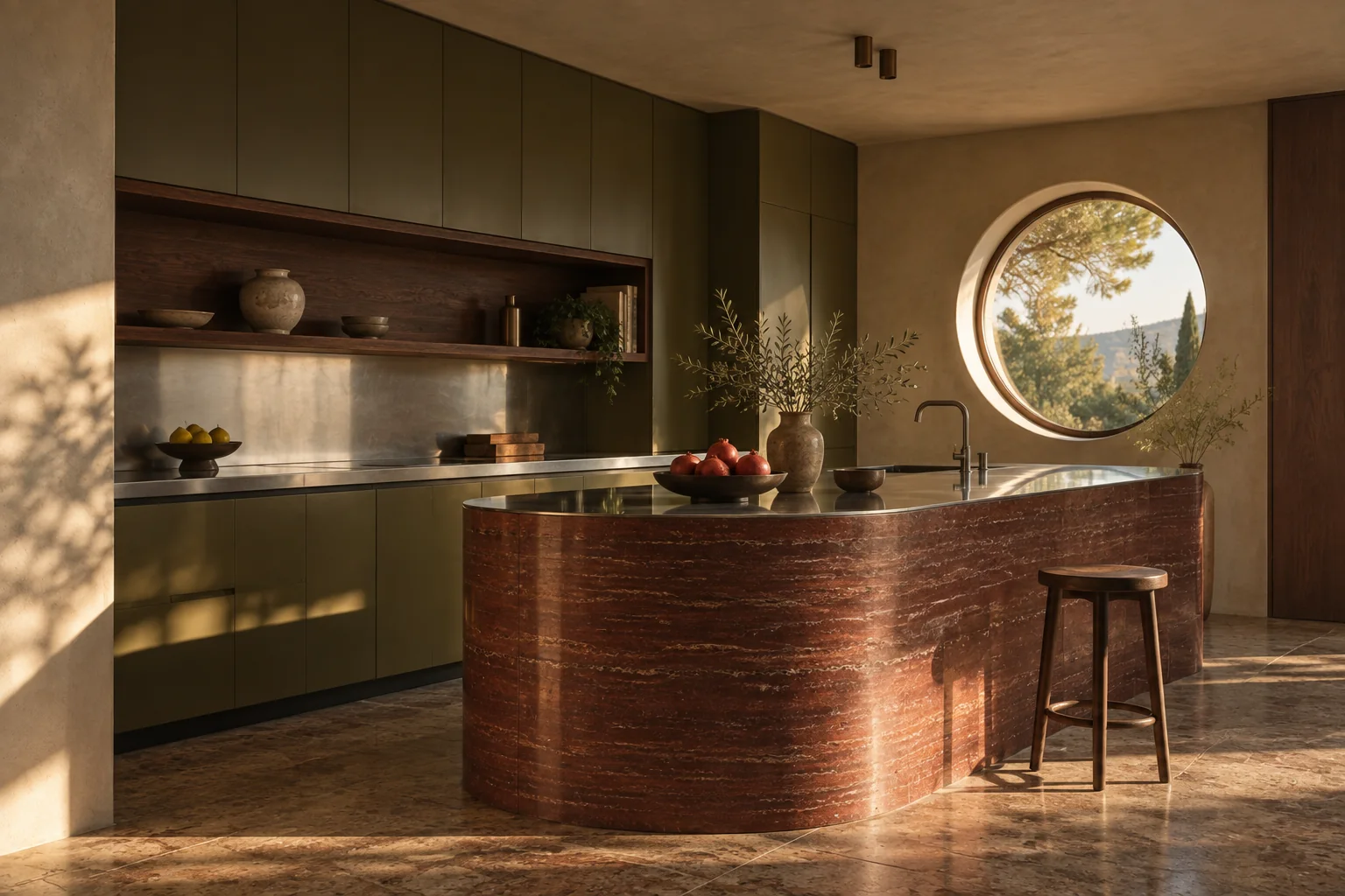 Cucina con isola in pietra rosata
